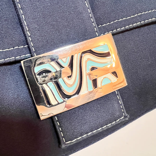 Vintage Fendi Enamel Buckle Jersey Baguette - Navy