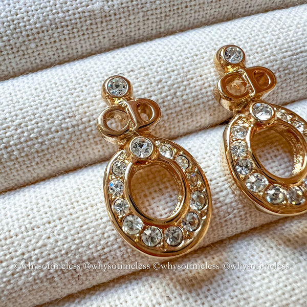 Vintage Dior Rhinestone CD Gold-Finish Metal Earrings