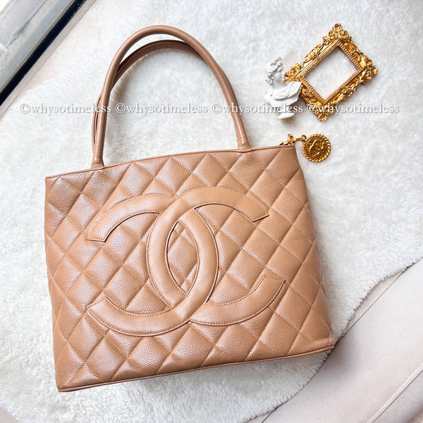 【May 1 Auction】 Vintage Chanel Caviar Medallion Hilton Tote - Dark Beige