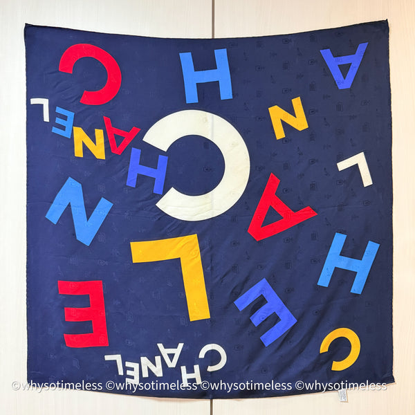 Vintage Chanel Perfume Bottle Embroidery Silk Scarf 90 - Navy