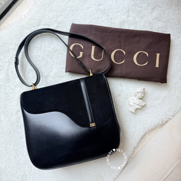 Vintage Gucci 1970's Suede & Box Leather Saddle Constance Bag - Black