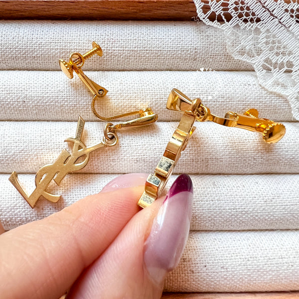 Vintage YSL Gold-Finish Metal Logo Ear Clips