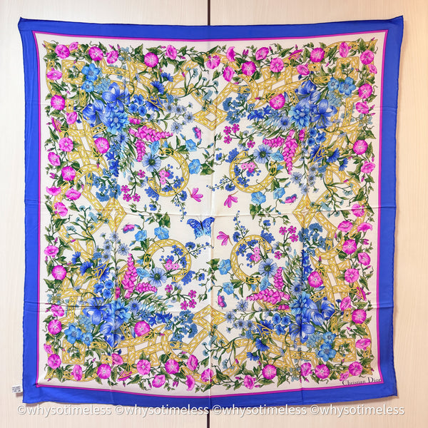 Vintage Dior Floral Garden Silk Scarf With Original Box
