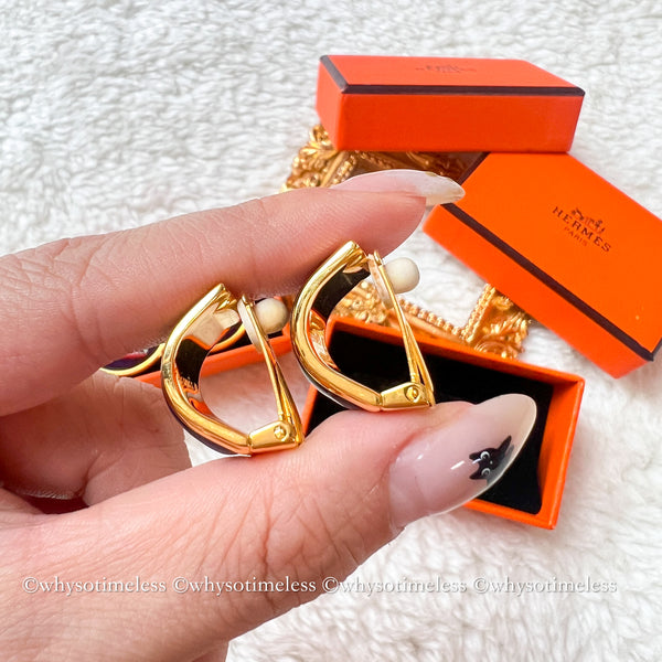 Vintage HERMÈS Émail Shippo H Pattern Ear Clips - Navy