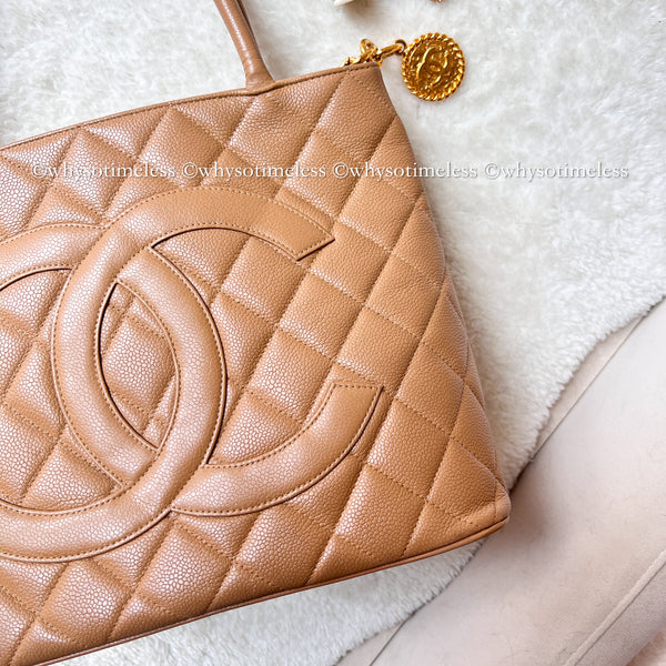 【May 1 Auction】 Vintage Chanel Caviar Medallion Hilton Tote - Dark Beige