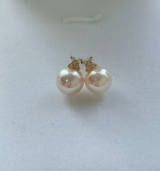 【Pre-order】7.5-8mm Akoya Rosé Natural Diamond 18KYG Earrings