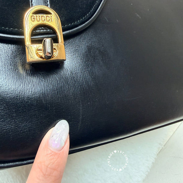 Vintage Gucci 1970's Suede & Box Leather Saddle Constance Bag - Black