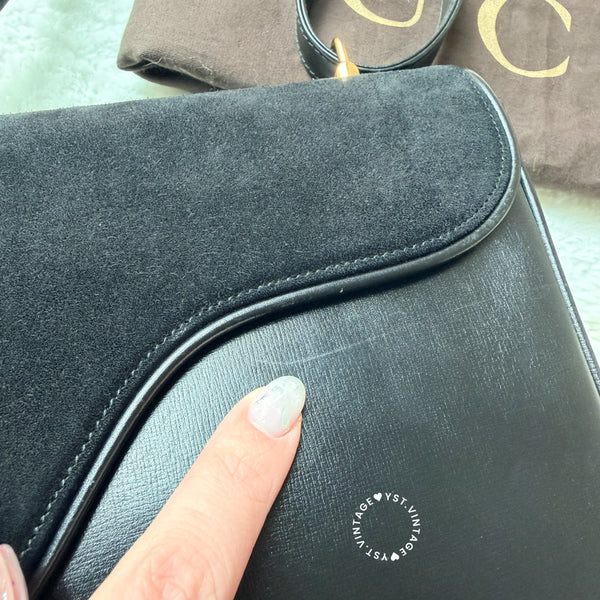 Vintage Gucci 1970's Suede & Box Leather Saddle Constance Bag - Black