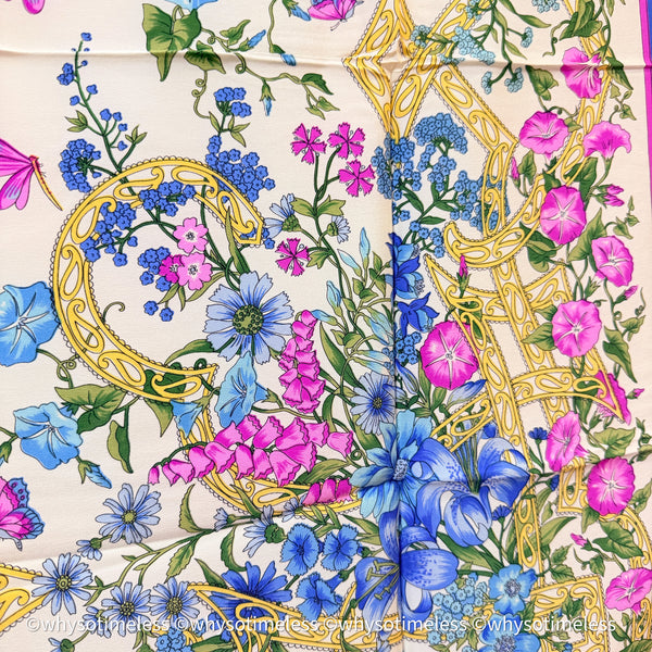 Vintage Dior Floral Garden Silk Scarf With Original Box