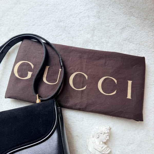 Vintage Gucci 1970's Suede & Box Leather Saddle Constance Bag - Black