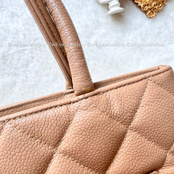 【May 1 Auction】 Vintage Chanel Caviar Medallion Hilton Tote - Dark Beige