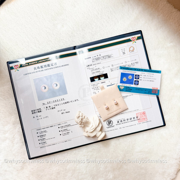 7.8mm Akoya PSL 天女 Diana 18KYG Earrings, D0.20ct