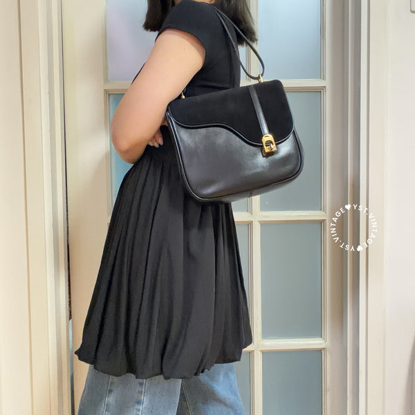 Vintage Gucci 1970's Suede & Box Leather Saddle Constance Bag - Black