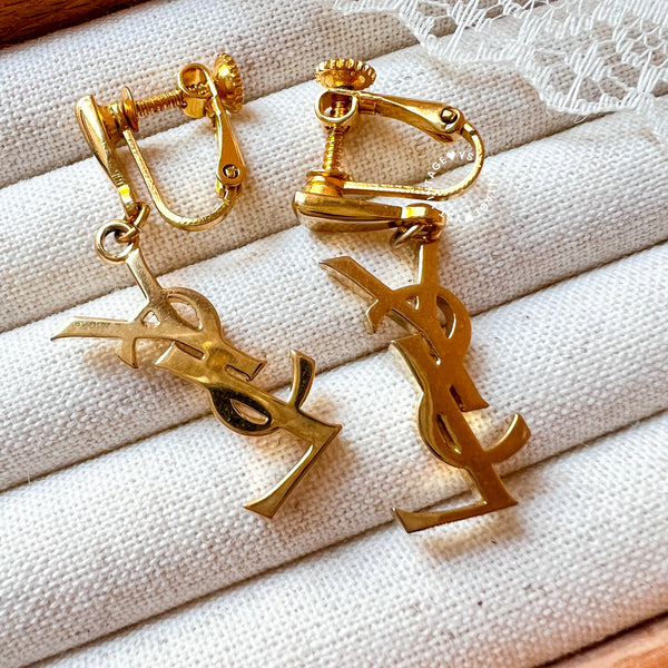 Vintage YSL Gold-Finish Metal Logo Ear Clips