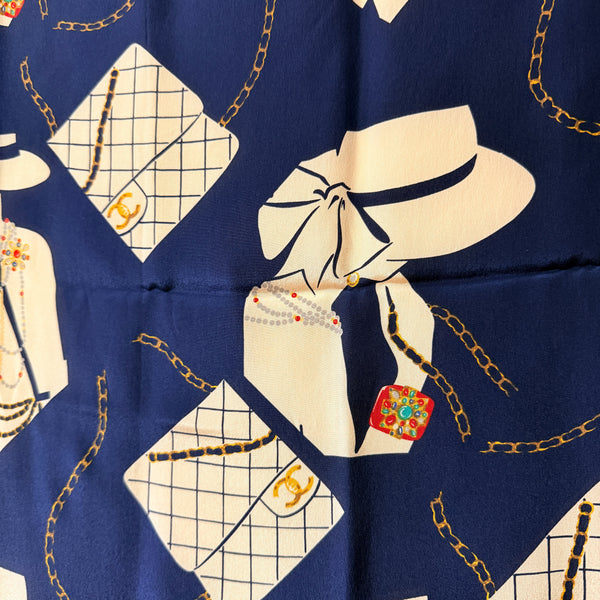Vintage Chanel Coco & Class Flap Handbag Silk Scarf 90 - Navy