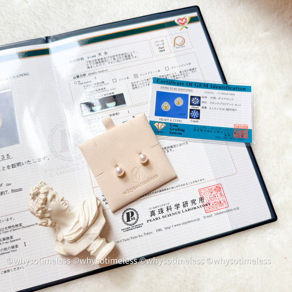 7.8mm Akoya PSL 天女 Diana 18KYG Earrings, D0.20ct