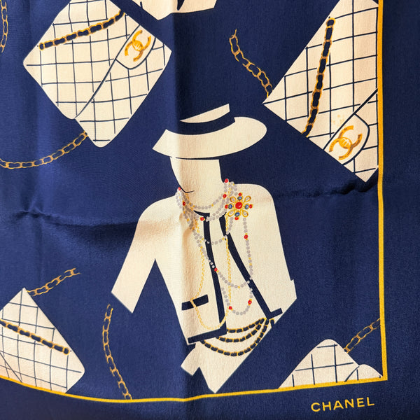Vintage Chanel Coco & Class Flap Handbag Silk Scarf 90 - Navy