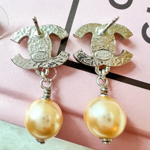 Vintage Chanel Coco Mark Pearl Silver-Finish Metal Earrings (code: 080903)