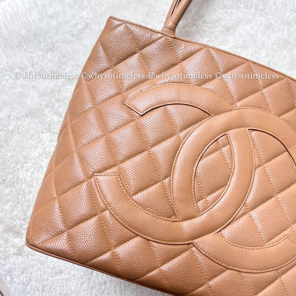 【May 1 Auction】 Vintage Chanel Caviar Medallion Hilton Tote - Dark Beige