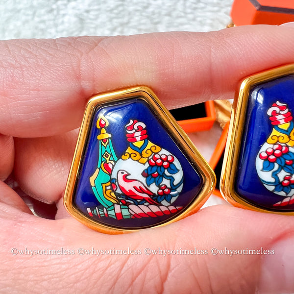 Vintage HERMÈS Émail Shippo Chinese Vase Pattern Ear Clips - Navy