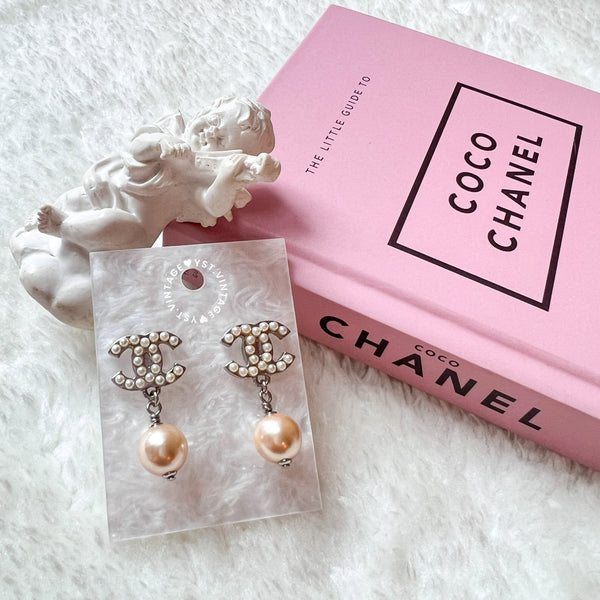 Vintage Chanel Coco Mark Pearl Silver-Finish Metal Earrings (code: 080903)