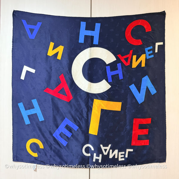 Vintage Chanel Perfume Bottle Embroidery Silk Scarf 90 - Navy