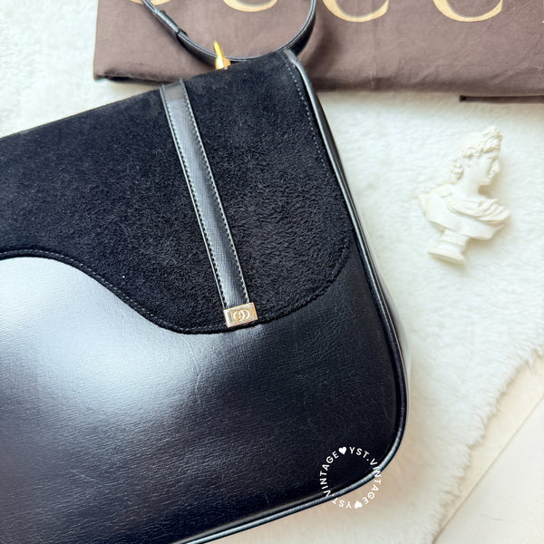Vintage Gucci 1970's Suede & Box Leather Saddle Constance Bag - Black