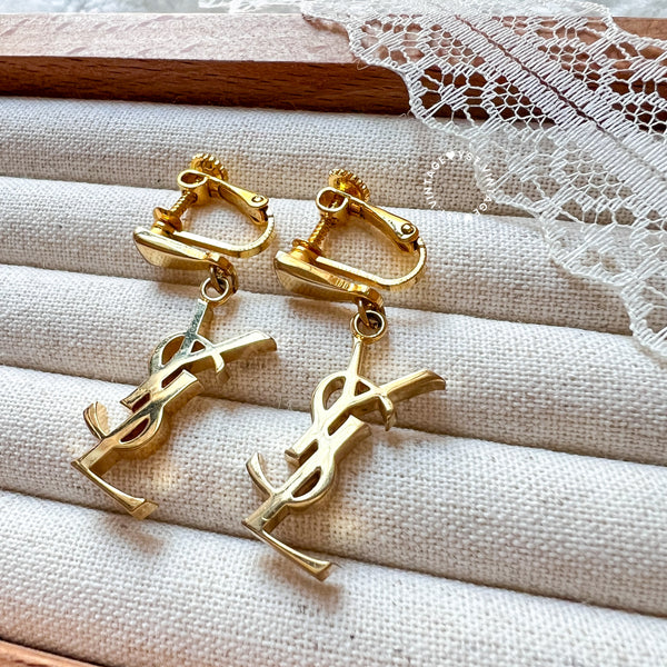 Vintage YSL Gold-Finish Metal Logo Ear Clips