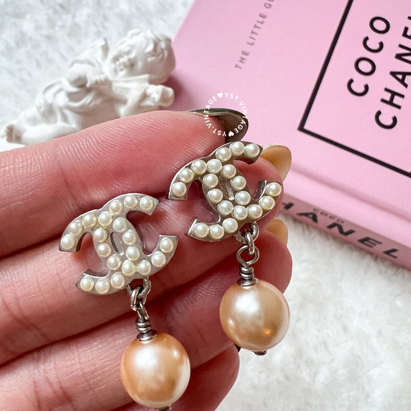 Vintage Chanel Coco Mark Pearl Silver-Finish Metal Earrings (code: 080903)