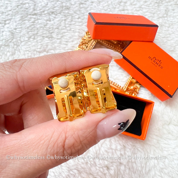 Vintage HERMÈS Émail Shippo H Pattern Ear Clips - Navy