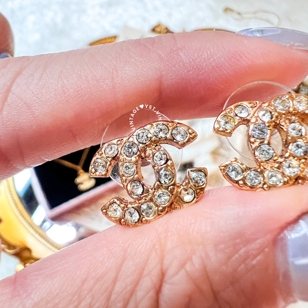 Vintage Chanel 24KGP and Rhinestone Coco Mark Earrings