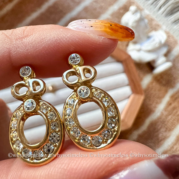 Vintage Dior Rhinestone CD Gold-Finish Metal Earrings