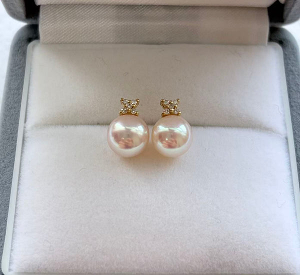 【Pre-order】7.5-8mm Akoya Rosé Natural Diamond 18KYG Earrings