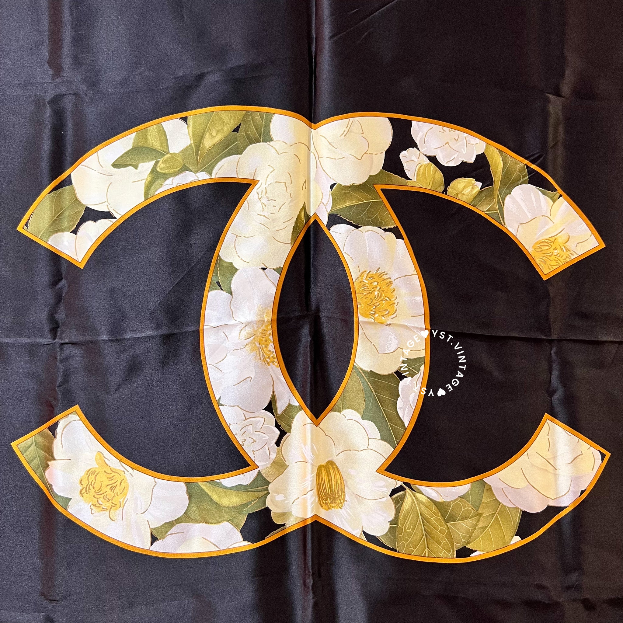 シャネル CHANEL ココマーク スカーフ 大判 ブラック ゴールド Vintage Chanel Camellia Coco Mark Silk Scarf 90 - Black*Gold