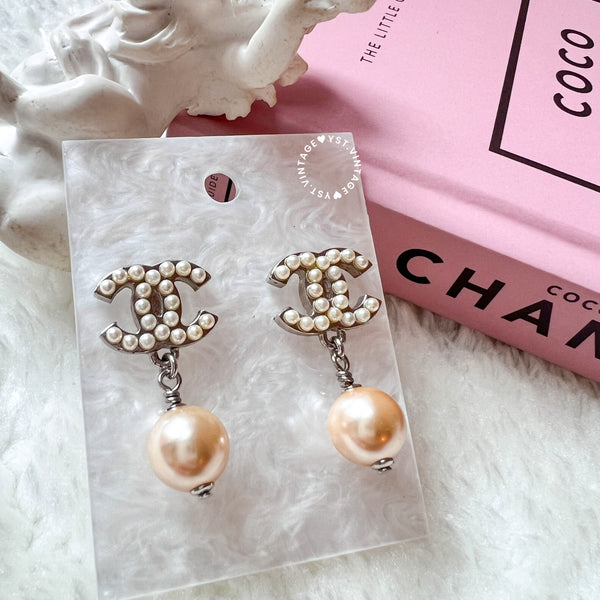 Vintage Chanel Coco Mark Pearl Silver-Finish Metal Earrings (code: 080903)