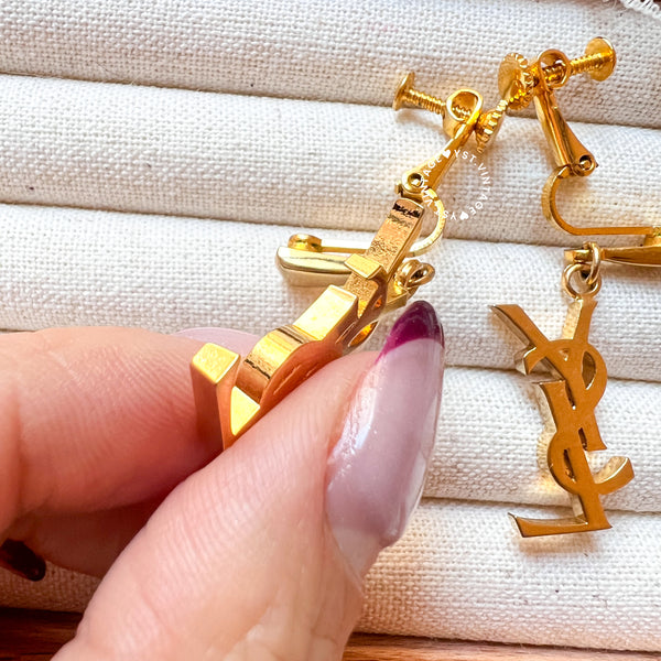 Vintage YSL Gold-Finish Metal Logo Ear Clips