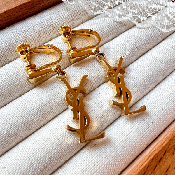 Vintage YSL Gold-Finish Metal Logo Ear Clips