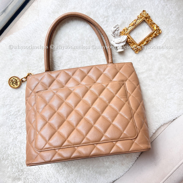 【May 1 Auction】 Vintage Chanel Caviar Medallion Hilton Tote - Dark Beige