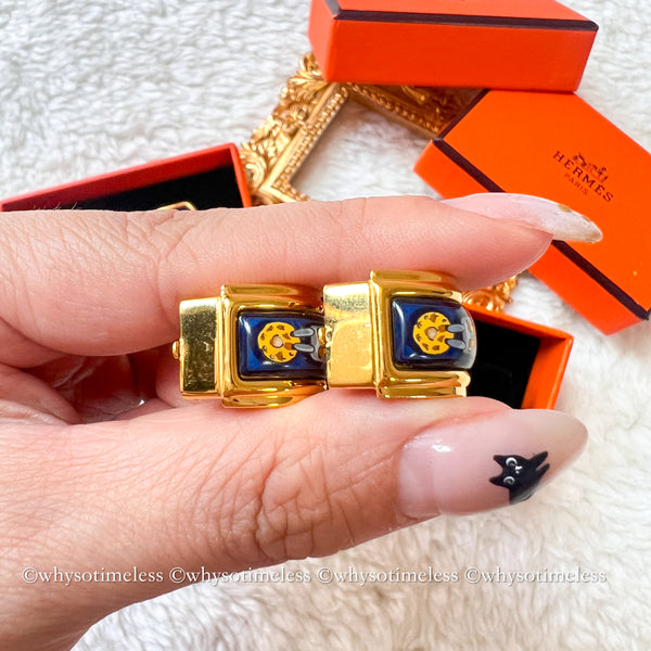 Vintage HERMÈS Émail Shippo H Pattern Ear Clips - Navy