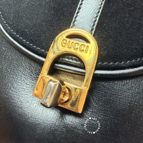 Vintage Gucci 1970's Suede & Box Leather Saddle Constance Bag - Black