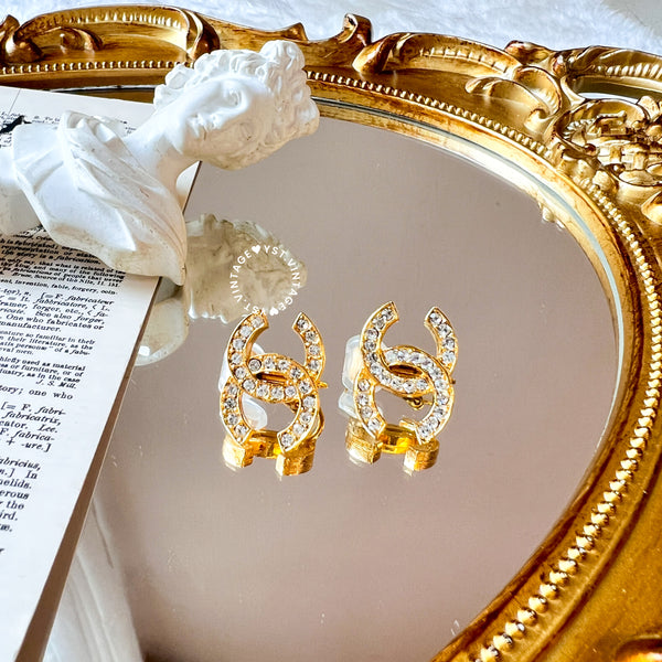 Vintage Chanel 24KGP and Rhinestone 1980s Coco Mark Ear Clips 004