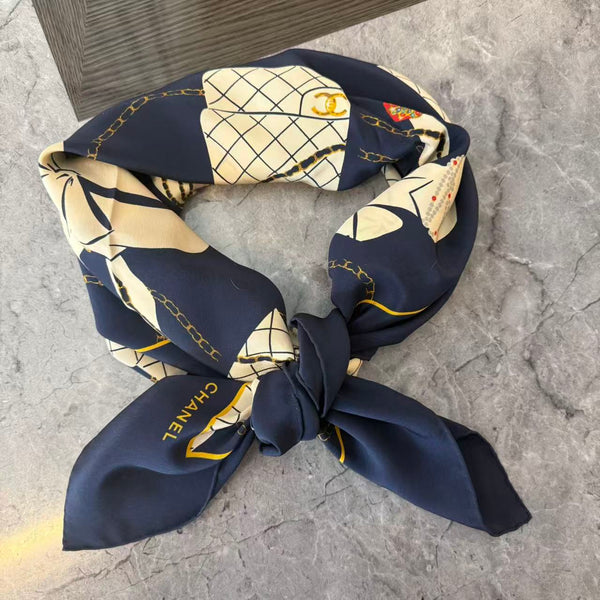 Vintage Chanel Coco & Class Flap Handbag Silk Scarf 90 - Navy