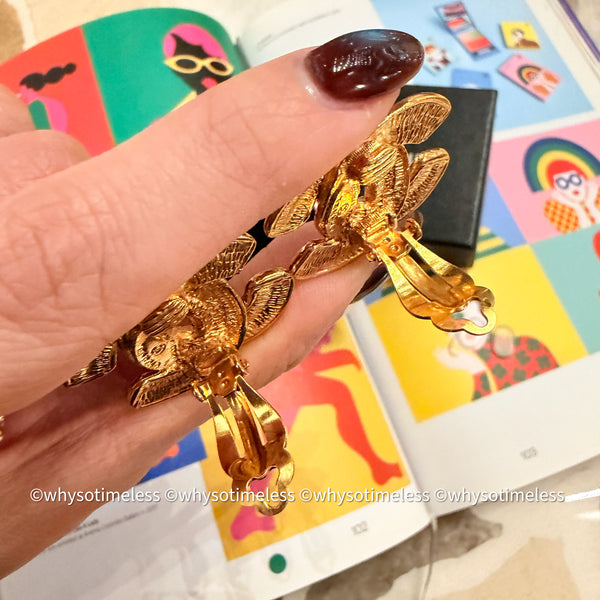 Vintage Chanel 24KGP Quilted Bird Motif Ear Clips
