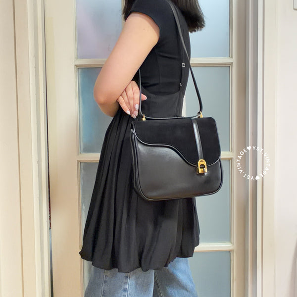 Vintage Gucci 1970's Suede & Box Leather Saddle Constance Bag - Black