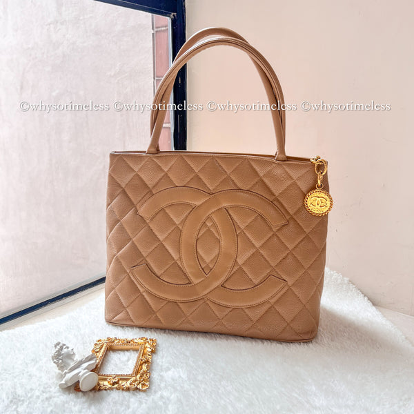 【May 1 Auction】 Vintage Chanel Caviar Medallion Hilton Tote - Dark Beige
