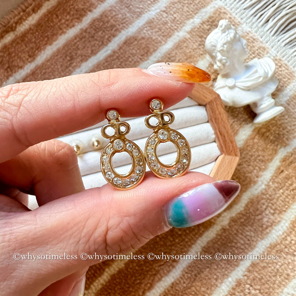 Vintage Dior Rhinestone CD Gold-Finish Metal Earrings