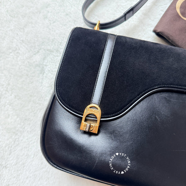 Vintage Gucci 1970's Suede & Box Leather Saddle Constance Bag - Black
