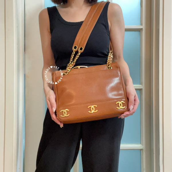 Vintage Chanel Coco Mark Caviar Shoulder Bag - Caramel Brown