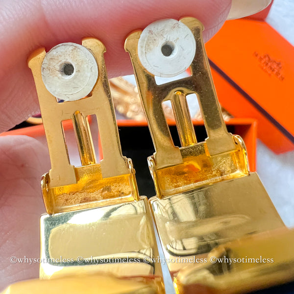 Vintage HERMÈS Émail Shippo H Pattern Ear Clips - Navy