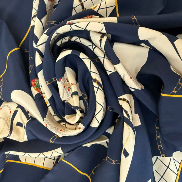 Vintage Chanel Coco & Class Flap Handbag Silk Scarf 90 - Navy